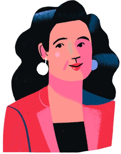 Illustration of Cristina Fuentes La Roche, International Director of Hay Festival, wearing a red jacket.