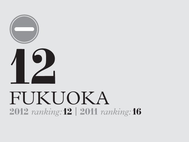 Fukuoka city ranking infographic showing position 12 in 2012 rankings compared to position 16 in 2011