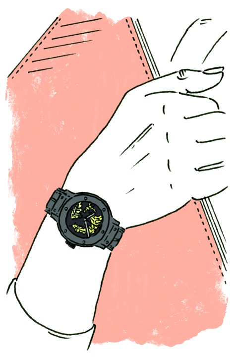 Illustrated hand wearing a Classic Fusion Gold Crystal watch by Hublot with black dial and gold crystal details.