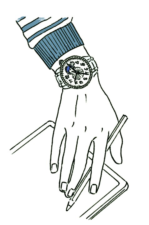 Illustration of a hand wearing the Égérie Moon Phase steel watch with diamonds by Vacheron Constantin.