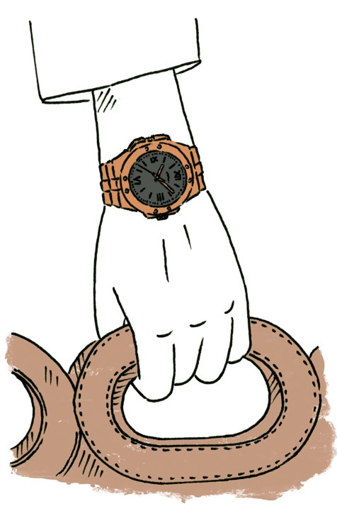 Illustration of a hand wearing an orange sports watch held above a brown leather strap.