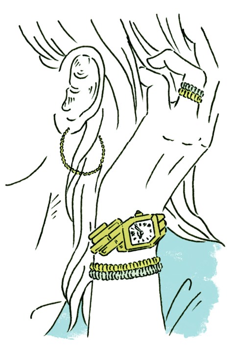 Illustration of a woman's wrist wearing Cartier's Maillon de Cartier watch with interlocking bracelet design.