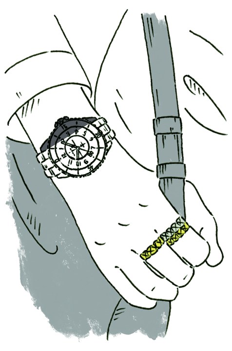 Illustration of two hands holding a luxury watch with a black dial and gold crystal decoration.