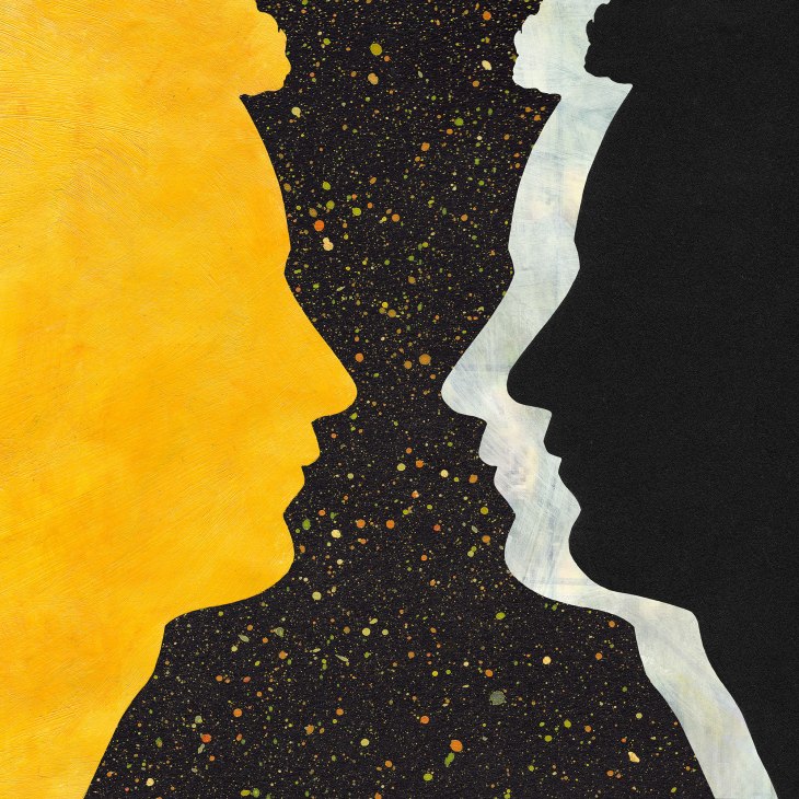 Abstract illustration of two silhouetted faces in profile facing each other with yellow and black spattered textures between them.