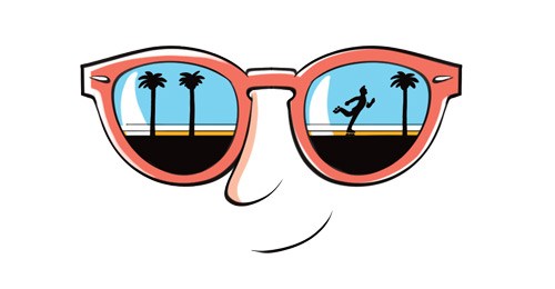 Illustration of orange-framed sunglasses with beach scenes reflected in the lenses.