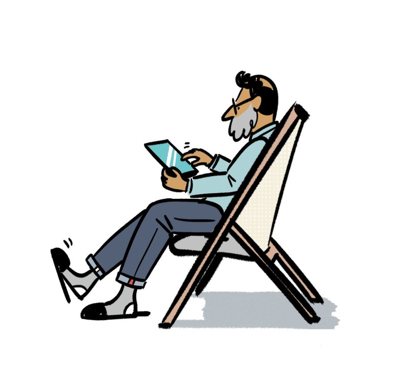 Illustration of a man sitting in a modern chair using a tablet device.