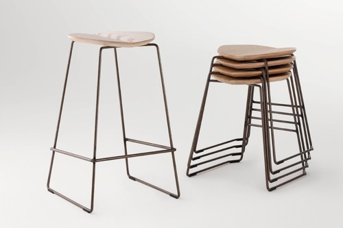 Ross Gardam Duet stacking bar stools with powder-coated metal frames and wooden seats.