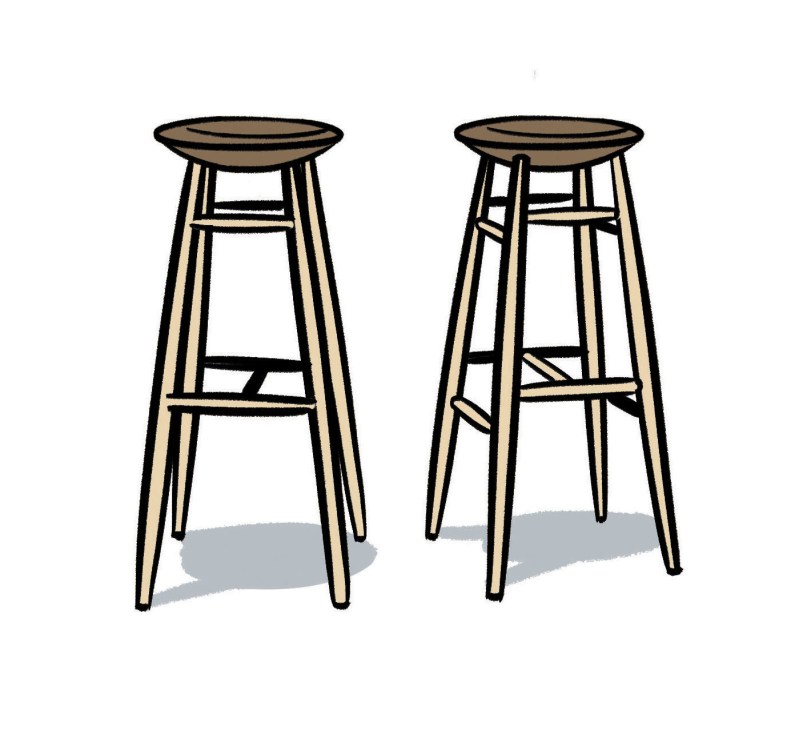 Illustration of two tall wooden bar stools with round seats and tapered legs, featuring horizontal braces.