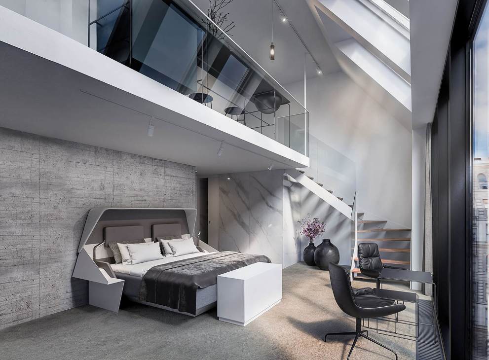 Modern hotel penthouse suite with contemporary furnishings and city views