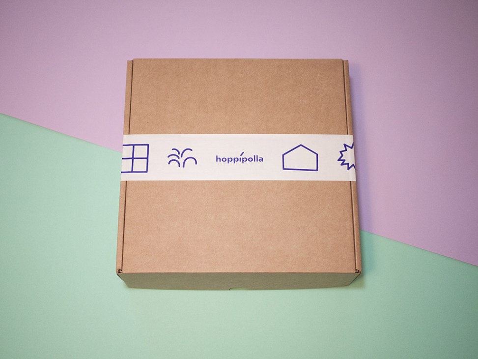 Cardboard subscription box with white band labeled hoppípolla and blue line illustrations.
