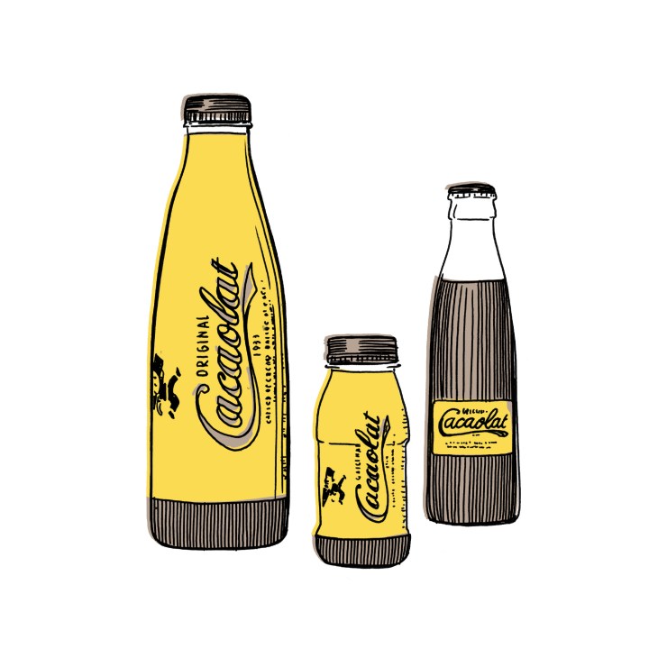 Illustration of three Cacaolat chocolate milk bottles in yellow and black packaging of varying sizes.