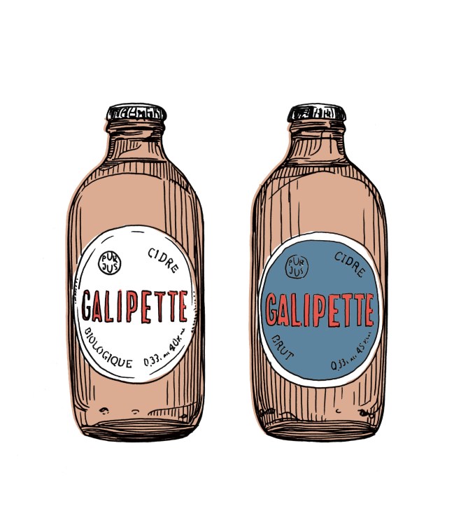 Illustration of two Galipette cider bottles with tan glass and labeled circular white and blue badges.
