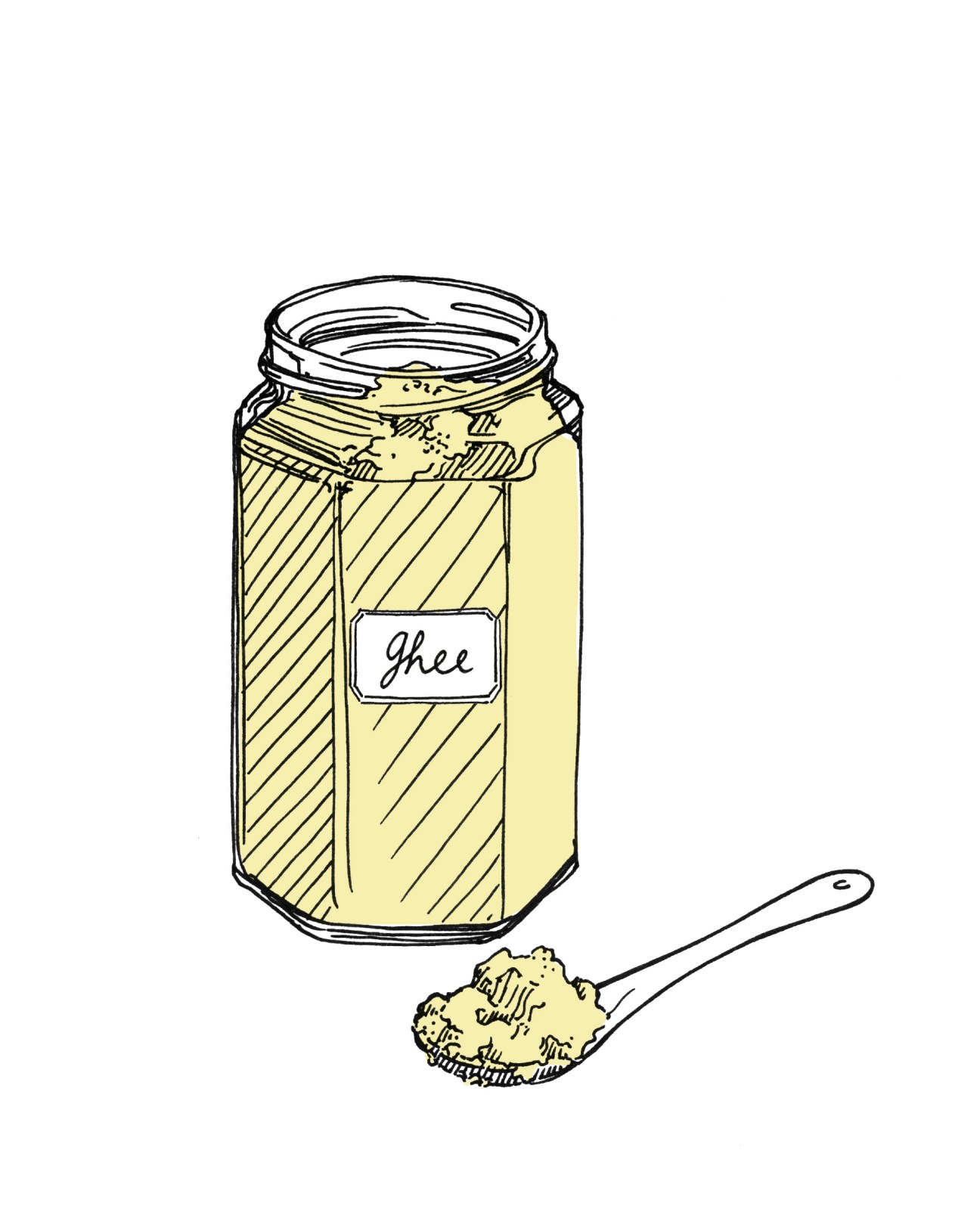 Illustration of a jar of ghee with a spoon showing clarified butter.