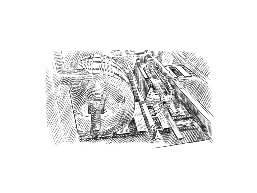 Illustration of wooden pencil slats with grooves being filled with pencil leads and glue.