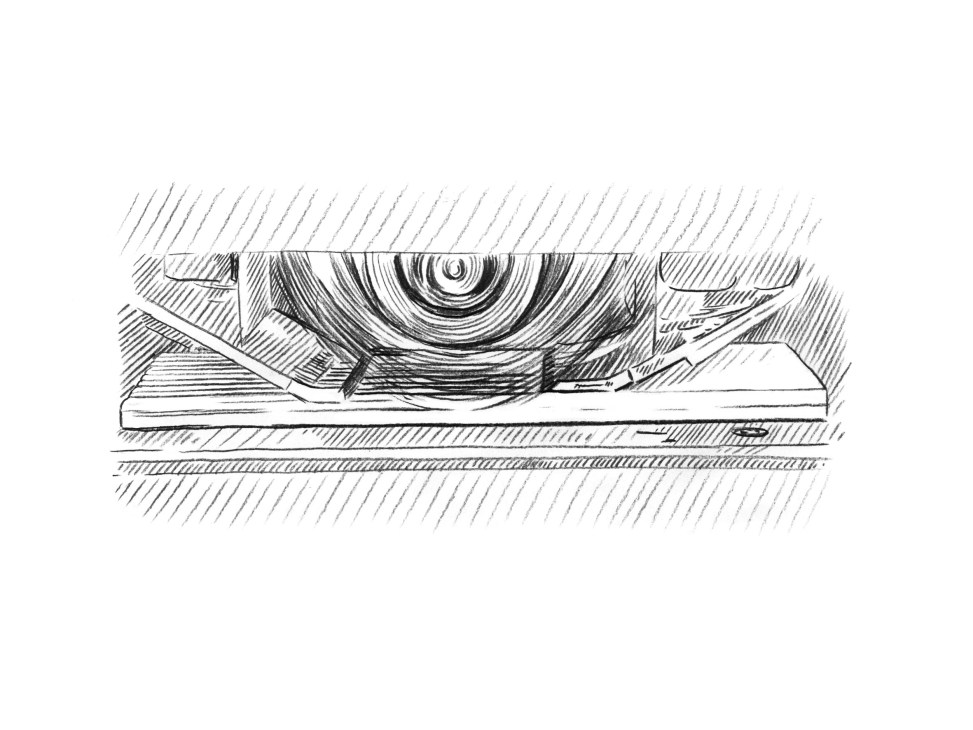 Technical illustration showing pencil manufacturing step with wood slats being trimmed and shaped into hexagonal pencil forms.