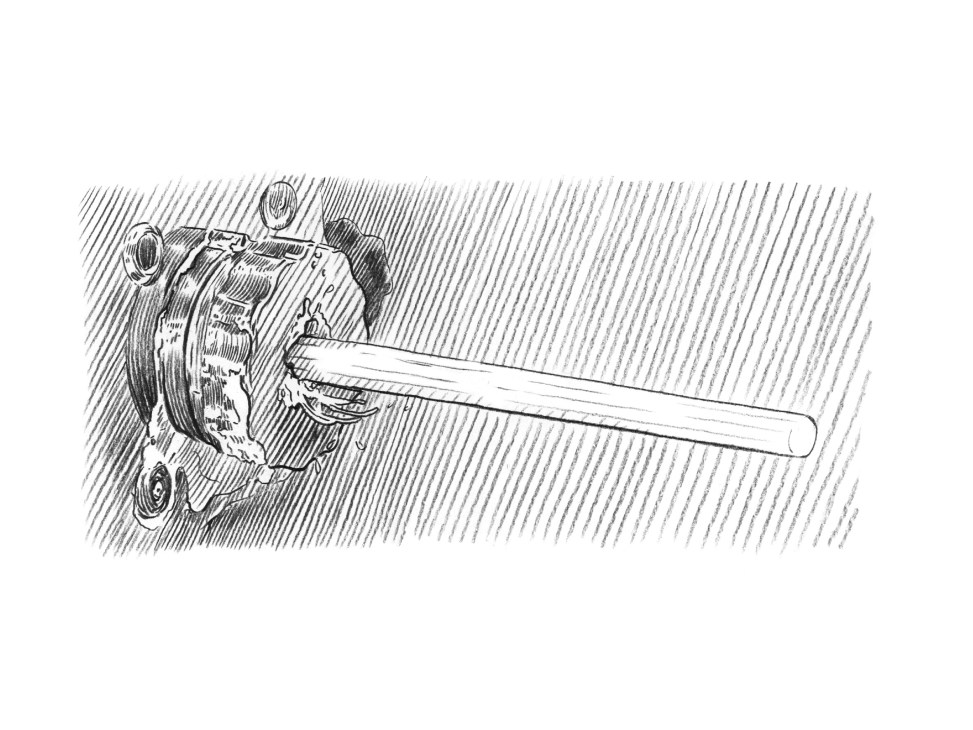 Illustration of a pencil sharpening machine with rotating metal wheel sharpening a wooden pencil
