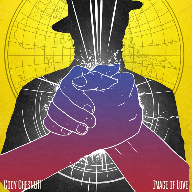 Album cover for Cody Chesnutt's My Love Divine Degree featuring a stylized fist bursting with light against a yellow map background.
