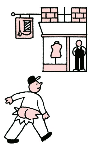 Illustration of a man in business attire gesturing while standing outside a storefront with a dress form and mannequin visible in the windows above.
