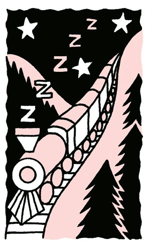 Illustration of a train with sleeping cars traveling through a nighttime landscape with trees and stars.
