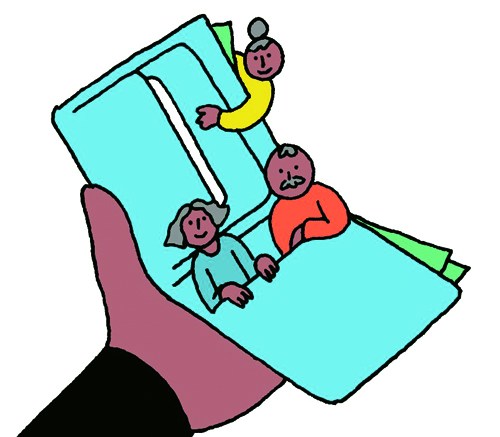 Illustration of a hand holding colorful figures representing diverse people and entrepreneurs.