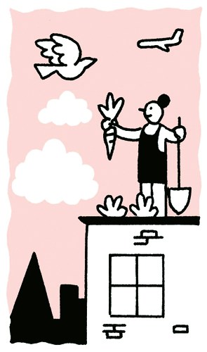 Illustration of a person standing on a building holding a carrot with clouds and a bird in the sky.