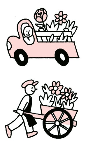 Line drawing illustration of a person pushing a cart overflowing with colorful flowers.