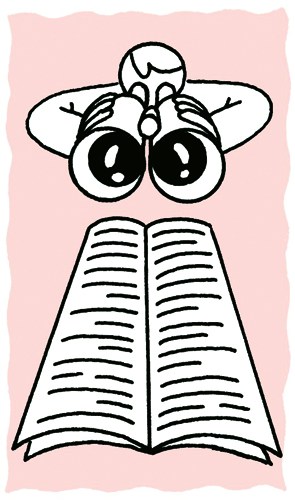 Illustration of a person with large eyes reading an open book against a pink background.