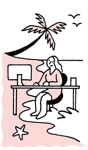Illustration of a woman at a desk with a potted plant and flying bird above her.