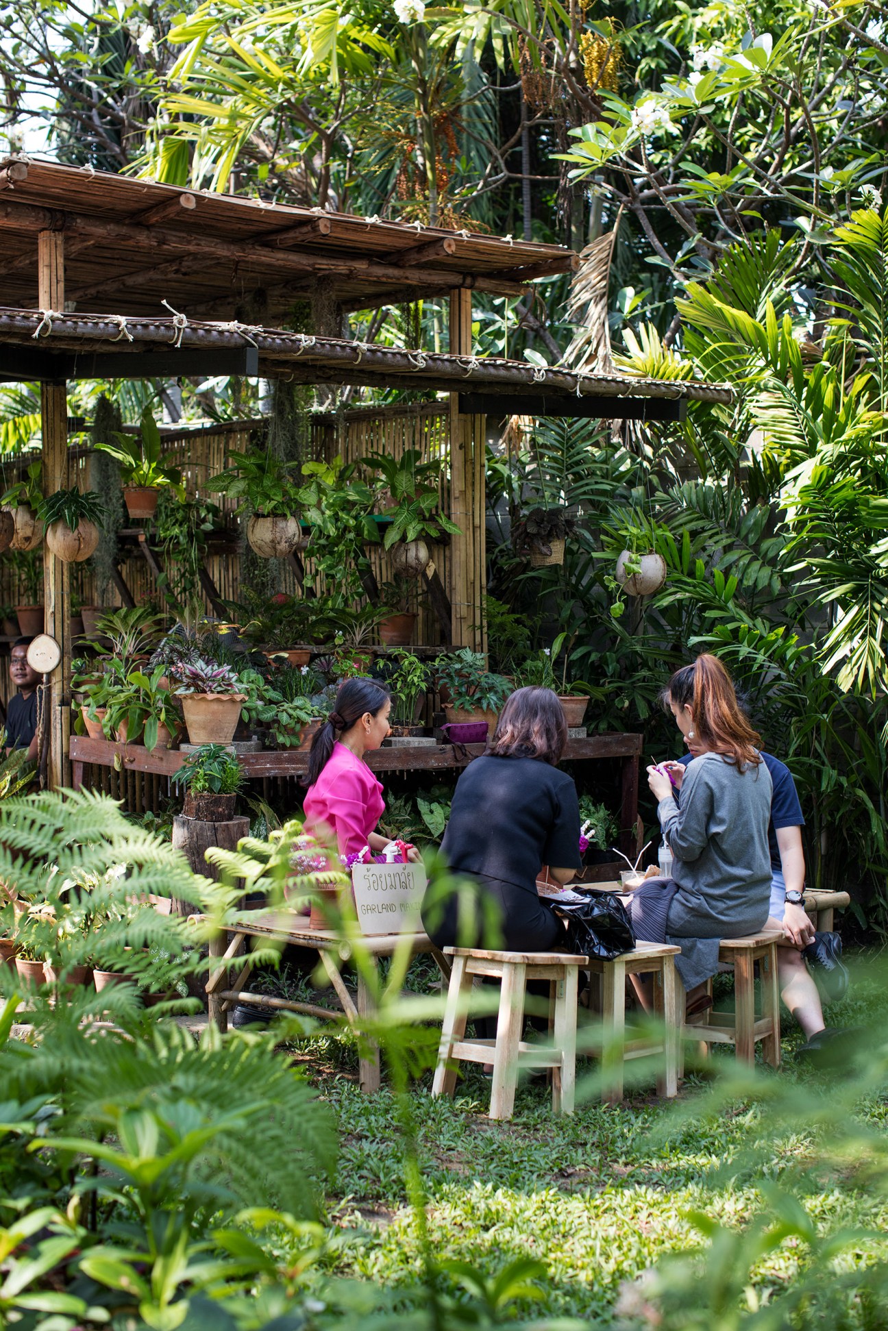 Three visitors sit at wooden tables in Patom's Bangkok showroom surrounded by potted plants and tropical greenery.
