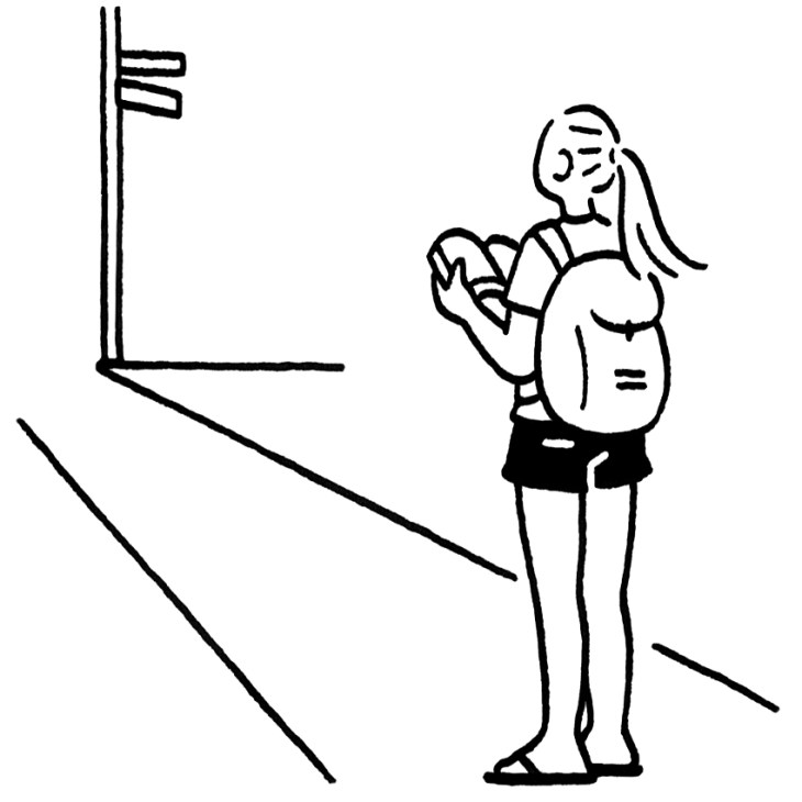 Illustration of a woman with a backpack reading a map next to a directional street sign.