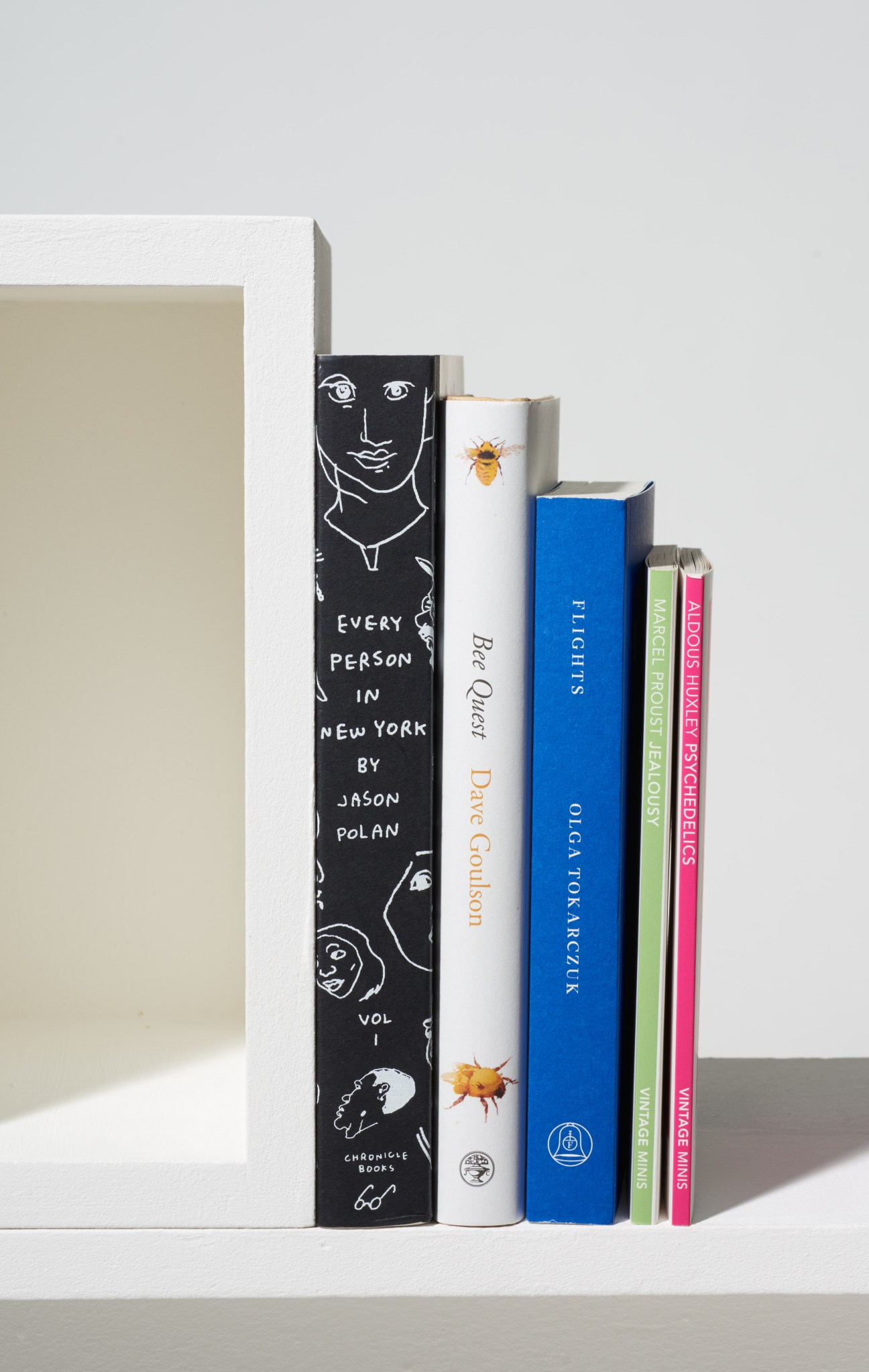 Row of five books standing upright on white shelf, including titles by Jason Polan, Dave Goulson, Olga Tokarczuk and others.