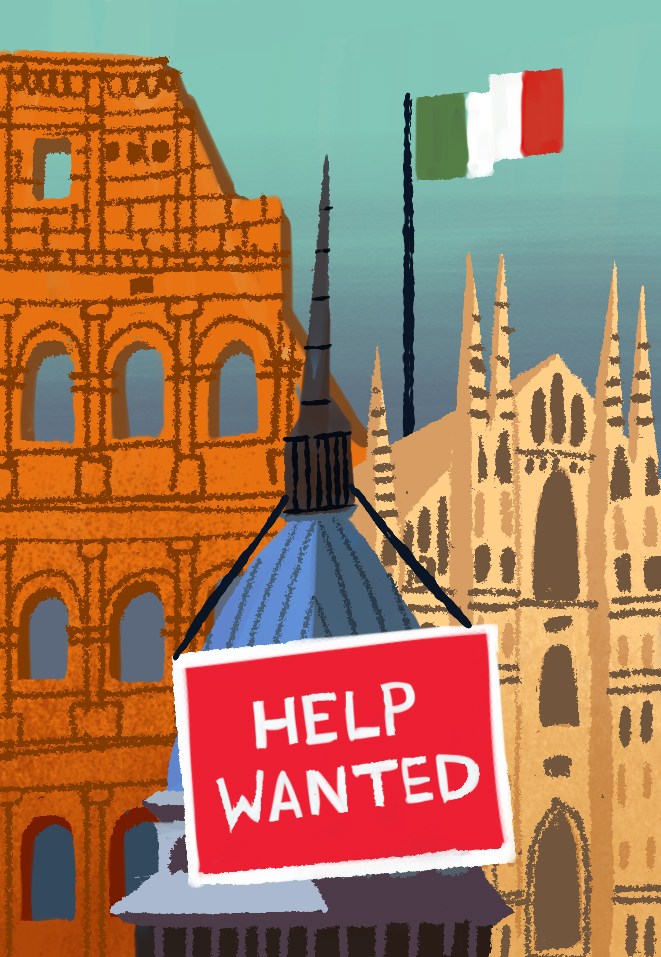 Illustration of Milan landmarks including the Duomo cathedral, Italian flag, and a "Help Wanted" sign on a church building.