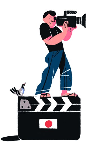 Illustration of a filmmaker operating a movie camera on a film production clapper board.