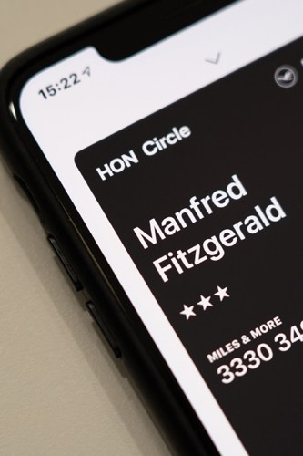Lufthansa HON Circle frequent flyer card displayed on a smartphone screen.