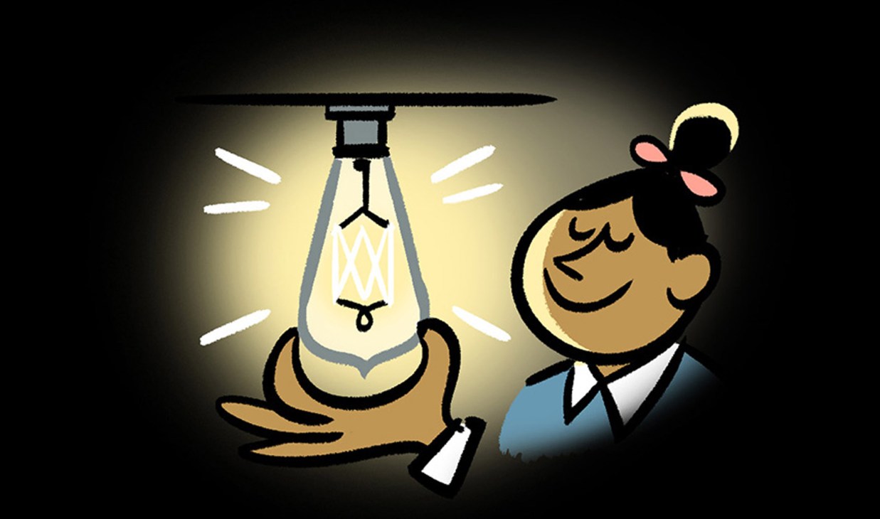 Illustration of a person holding a bright ceiling light fixture with warm ambient glow