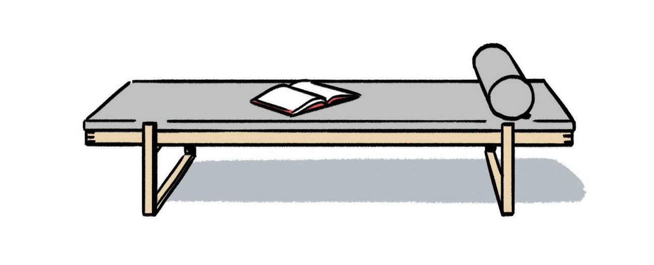 Illustration of a narrow wooden daybed with wool-upholstered mattress and simple oak frame design.