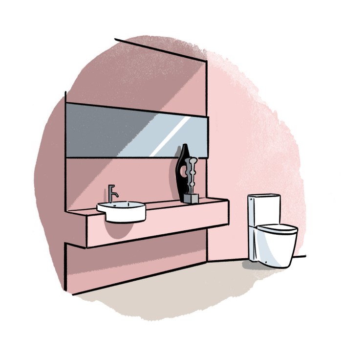 Illustration of a modern bathroom with pink walls, featuring a minimalist sink, mirror, and toilet.