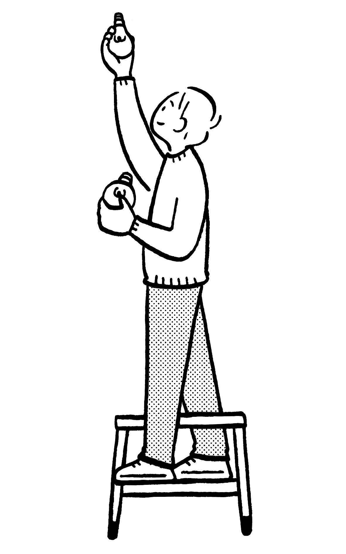 Line drawing of a person standing on a ladder holding up a light bulb in one hand and a candle in the other.
