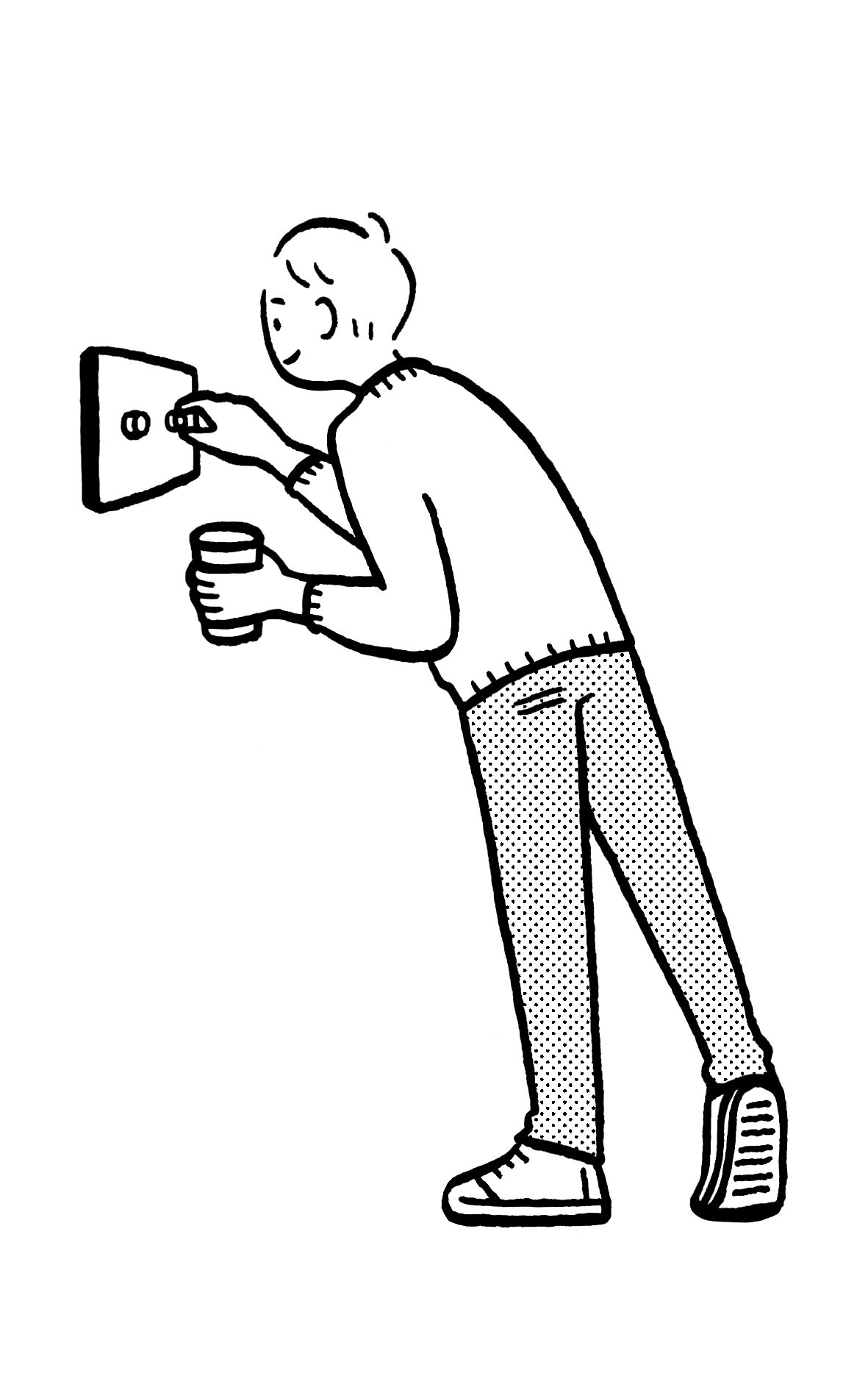 Illustration of a person adjusting a rotary light switch on a wall while holding a cup.