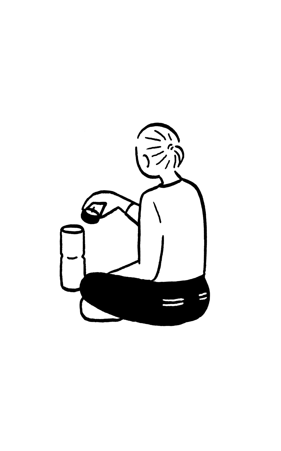Line illustration of a person sitting and holding a candle over a cylindrical candleholder.