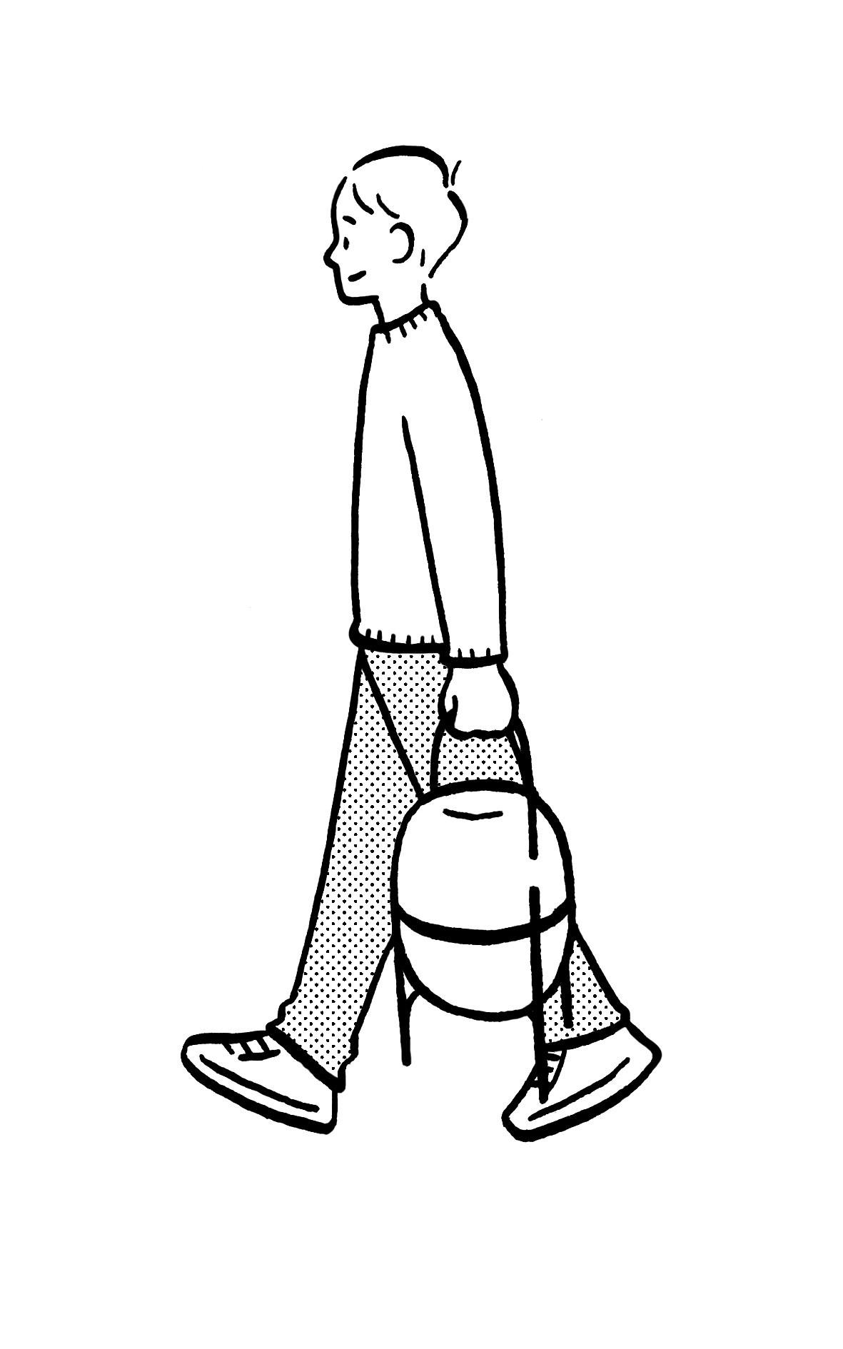 Line illustration of a person carrying a cylindrical lamp with geometric wire frame structure.