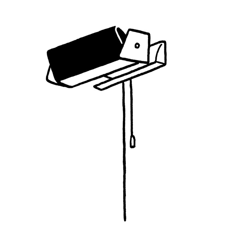 Line drawing of an adjustable wall sconce with teak and metal construction by Floris Fiedeldij.