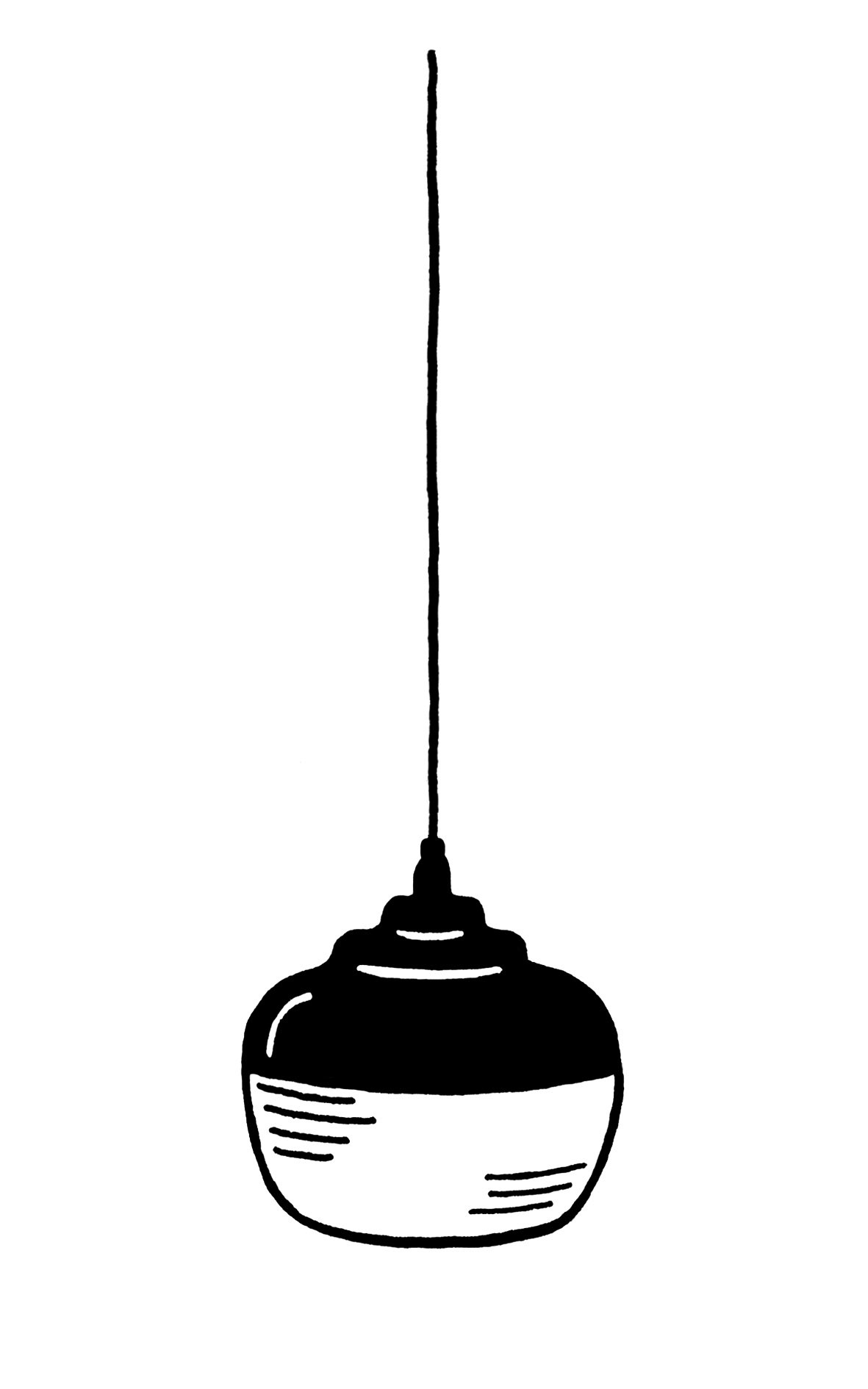 Black and white illustration of a pendant lamp with a rounded bowl shade and thin cord.