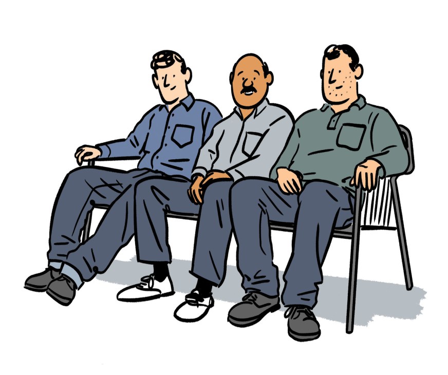 Illustration of three men in work clothes sitting together on chairs.