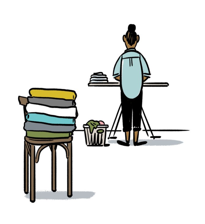 Illustration of a woman with stacked colorful linens on a chair and holding folded textiles.