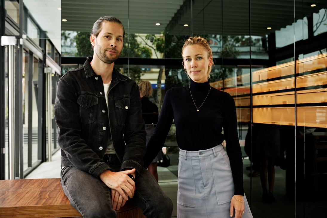Sarah Gittoes and Robert Sebastian Grynkofki, founders of Sydney jewellery brand Sarah & Sebastian, pose together in their new boutique.