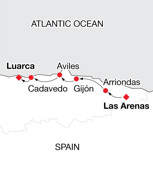 Map of northern Spain's Asturias region showing coastal route with marked stops including Las Arenas, Gijón, Avilés, Cadavedo, and Luarca.