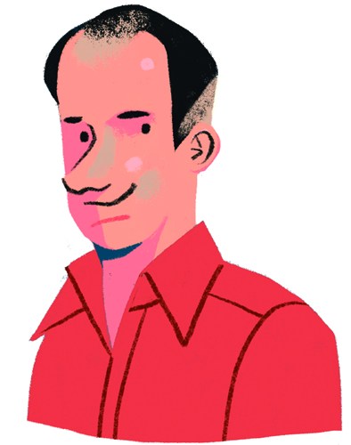 Illustrated portrait of a man with dark hair wearing a red shirt against a pink background.