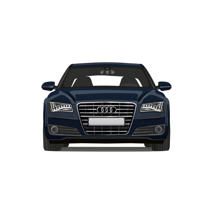 Front view of a dark blue Audi A8 sedan against a white background