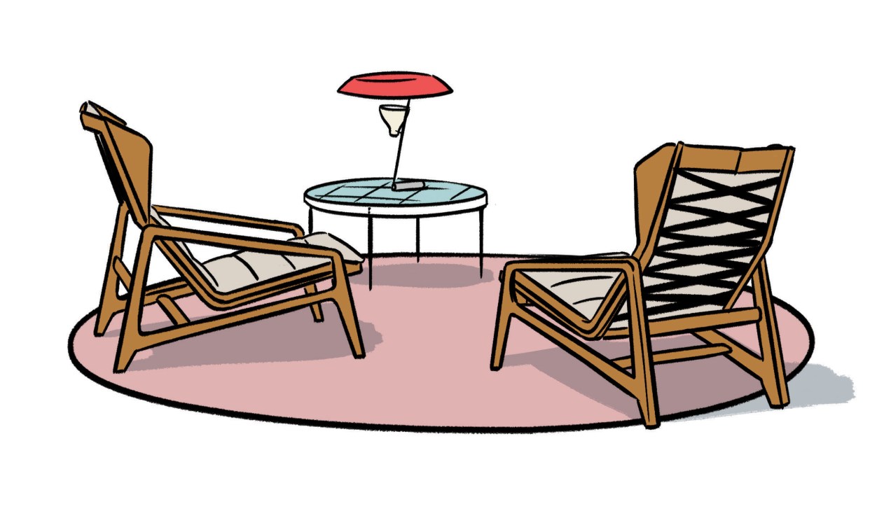 Illustration of outdoor lounge furniture arrangement with wooden chairs, round table, and red umbrella on pink ground.